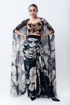 Buy_Nupur Kanoi_Black Satin, Lycra, Crepe Sequins Round Printed Slit Cape With Crushed Skirt Set _at_Aza_Fashions