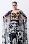 Nupur Kanoi_Black Satin, Lycra, Crepe Sequins Round Printed Slit Cape With Crushed Skirt Set _Online_at_Aza_Fashions