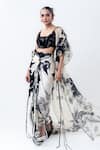 Nupur Kanoi_Off White Organza, Satin, Lycra, Crepe Printed Jacket With Front Knot Skirt _Online_at_Aza_Fashions