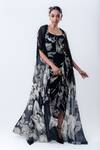Buy Nupur Kanoi Black Crepe, Lycra Scoop , Open Printed Slit Cape With Gathered Dress at Aza Fashions Buy_Nupur Kanoi_Black Crepe, Lycra Scoop , Open Printed Slit Cape With Gathered Dress _at_Aza_Fashions