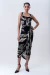 Buy_Nupur Kanoi_Black Chiffon, Crepe, Lycra Fabric Flowers Printed Gathered Bustier Dress _at_Aza_Fashions