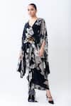 Buy_Nupur Kanoi_Black Crepe Sequins, Buckles V-neck Printed Asymmetric Kaftan _at_Aza_Fashions