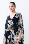 Nupur Kanoi_Black Crepe Sequins, Buckles V-neck Printed Asymmetric Kaftan _Online_at_Aza_Fashions