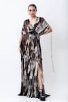 Buy_Nupur Kanoi_Brown Chiffon, Crepe Beads, Embroidery V-neck Gathered Tiered Maxi Dress _at_Aza_Fashions
