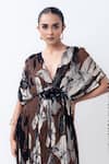 Nupur Kanoi_Brown Chiffon, Crepe Beads, Embroidery V-neck Gathered Tiered Maxi Dress _Online_at_Aza_Fashions