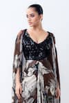 Nupur Kanoi Brown Crepe, Satin, Lycra Sequins V-neck Printed Slit Cape With Draped Dress at Aza Fashions Nupur Kanoi_Brown Crepe, Satin, Lycra Sequins V-neck Printed Slit Cape With Draped Dress _at_Aza_Fashions