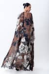 Shop_Nupur Kanoi_Brown Crepe, Satin, Lycra Sequins, Studs Cowl Printed Slit Cape With Jumpsuit _at_Aza_Fashions