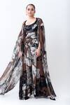 Buy_Nupur Kanoi_Brown Crepe, Satin, Lycra Sequins, Studs Cowl Printed Slit Cape With Jumpsuit _at_Aza_Fashions