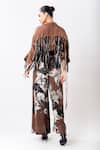 Shop_Nupur Kanoi_Brown Silk, Crepe Fringe, Beads Collared, Drawstring Shirt And Printed Pant Set _at_Aza_Fashions