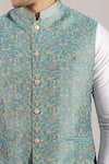 Rng Safawala Teal Cotton Floral Print Bundi at Aza Fashions Rng Safawala_Teal Cotton Floral Print Bundi _at_Aza_Fashions