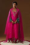 Buy_Arpita Sulakshana_Pink Chanderi Silk Embroidery, Sequins, Foil Printing V-neck Rangreez Kurta Set _at_Aza_Fashions
