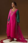 Shop_Arpita Sulakshana_Pink Chanderi Silk Embroidery, Sequins, Foil Printing V-neck Rangreez Kurta Set _at_Aza_Fashions