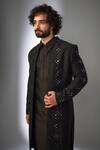 Buy_SALIL BHATIA_Black Silk, Chanderi Silk, Modal, Satin Embroidery, Mirrors Sherwani Set _Online_at_Aza_Fashions