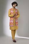 Buy_SALIL BHATIA_Yellow Georgette, Chanderi Silk, Silk, Rang Mahal Embellished Bundi And Kurta Set _at_Aza_Fashions