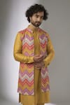 Buy_SALIL BHATIA_Yellow Georgette, Chanderi Silk, Silk, Rang Mahal Embellished Bundi And Kurta Set _Online_at_Aza_Fashions
