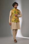 Buy_SALIL BHATIA_Yellow , Chanderi Rang Mahal Floral Print Nehru Jacket Set _at_Aza_Fashions
