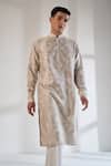 Shop_Dhruv Vaish_Gray Chanderi Clasic Cut Printed Kurta Set _Online_at_Aza_Fashions