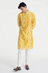 Dhruv Vaish_Yellow Chanderi Clasic Cut Printed Kurta Set _Online_at_Aza_Fashions