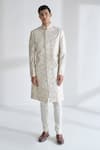 Buy_Dhruv Vaish_Ivory Silk Embroidery, Zari Grometric Sherwani Set _at_Aza_Fashions