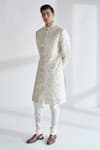 Dhruv Vaish_Ivory Silk Embroidery, Zari Grometric Sherwani Set _Online_at_Aza_Fashions