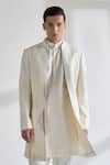 Shop_Dhruv Vaish_Ivory Silk, Chanderi Zari, Embroidery Front Open Sherwani Set _Online_at_Aza_Fashions