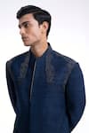Buy_Dhruv Vaish_Navy Silk Beads, Stones High Neck Embroidered Sherwani Set _Online_at_Aza_Fashions