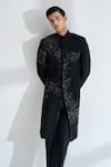 Shop_Dhruv Vaish_Black Silk Embroidery, Metallic Thread Sherwani Set _Online_at_Aza_Fashions