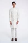 Buy_Dhruv Vaish_Ivory Silk Embroidery Diagonal Sherwani Set _at_Aza_Fashions