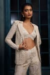 Shop_Ritika Mirchandani_Ivory Crepe, Net, Georgette Crystals, Tweedia Checks Blazer Sharara Set _at_Aza_Fashions