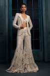 Buy_Ritika Mirchandani_Ivory Crepe, Net, Georgette Crystals, Tweedia Checks Blazer Sharara Set _at_Aza_Fashions