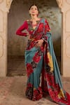 Buy_RICHA AHLUWALIA_Turquoise Silk Organza, Chanderi Silk, Satin Floral Motif Saree With Zardozi And _at_Aza_Fashions