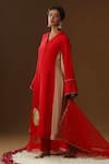 Arpita Sulakshana_Red Silk Embroidery, Piping V-neck Sakhi Prem Hand Painted Kurta Set _at_Aza_Fashions