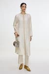 Buy_Ekaya Banaras_Ivory Silk Embroidery Round Neck Handwoven Mashroo Kurta And Pant Set _at_Aza_Fashions