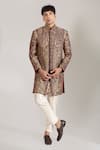 Buy_Rng Safawala_Maroon Silk, Dupion Embroidery Thread Sherwani And Pant Set _at_Aza_Fashions
