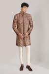 Rng Safawala_Maroon Silk, Dupion Embroidery Thread Sherwani And Pant Set _Online_at_Aza_Fashions