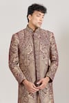 Buy_Rng Safawala_Maroon Silk, Dupion Embroidery Thread Sherwani And Pant Set _Online_at_Aza_Fashions