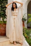 Buy_Chambray & CO._Ivory Cotton, Silk, Tissue Embroidery, Tassels Open Yutika Cape And Skirt Set _at_Aza_Fashions