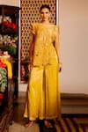 Buy_Chambray & CO._Yellow Organza, Cotton, Cut Sohi Floral Cutwork Overlay And Pant Set _at_Aza_Fashions