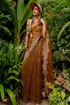 Buy_Chambray & CO._Brown Chanderi Silk, Cotton Applique, Helena Thread Handwork Saree And Blouse Set _at_Aza_Fashions