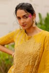 Buy_Chambray & CO._Yellow Tencel, Chanderi Silk, Tulle, Cotton Nirvi Leaves Saree And Blouse Set _Online_at_Aza_Fashions