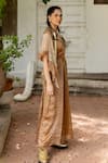 Chambray & CO._Brown Silk, Tissue, Chanderi Sweetheart Ritvi Striped Dress With Lace Trim Cape _Online_at_Aza_Fashions