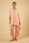 Buy_Dori & CO._Peach Georgette, Satin Sequins, Embroidery V-neck Kaftan Kurta And Pant Set _at_Aza_Fashions