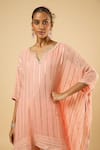 Buy_Dori & CO._Peach Georgette, Satin Sequins, Embroidery V-neck Kaftan Kurta And Pant Set _Online_at_Aza_Fashions