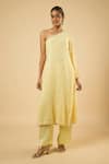 Dori & CO._Yellow Georgette, Satin Sequins, Embroidery One Shoulder Kurta With Pant _Online_at_Aza_Fashions