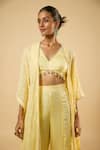 Buy_Dori & CO._Yellow Satin, Georgette Tassels, Sequins Embroidered Kaftan Jacket And Pant Set _Online_at_Aza_Fashions