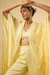 Shop_Dori & CO._Yellow Satin, Georgette Tassels, Sequins Embroidered Kaftan Jacket And Pant Set _Online_at_Aza_Fashions