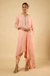 Buy Dori & CO. Peach Georgette, Satin Mirrors, Embroidery V-neck Kurta And Dhoti Pant Set at Aza Fashions Buy_Dori & CO._Peach Georgette, Satin Mirrors, Embroidery V-neck Kurta And Dhoti Pant Set _at_Aza_Fashions