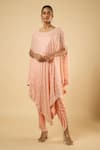 Buy_Dori & CO._Peach Georgette, Satin Sequins, Piping, Pearls Striped Kaftan And Dhoti Pant Set _at_Aza_Fashions