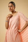 Shop_Dori & CO._Peach Georgette, Satin Sequins, Piping, Pearls Striped Kaftan And Dhoti Pant Set _Online_at_Aza_Fashions