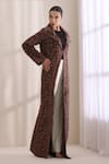 Dusala_Brown Cashmere, Wool Collared, V-neck Cora Kani Woven Long Jacket _Online_at_Aza_Fashions